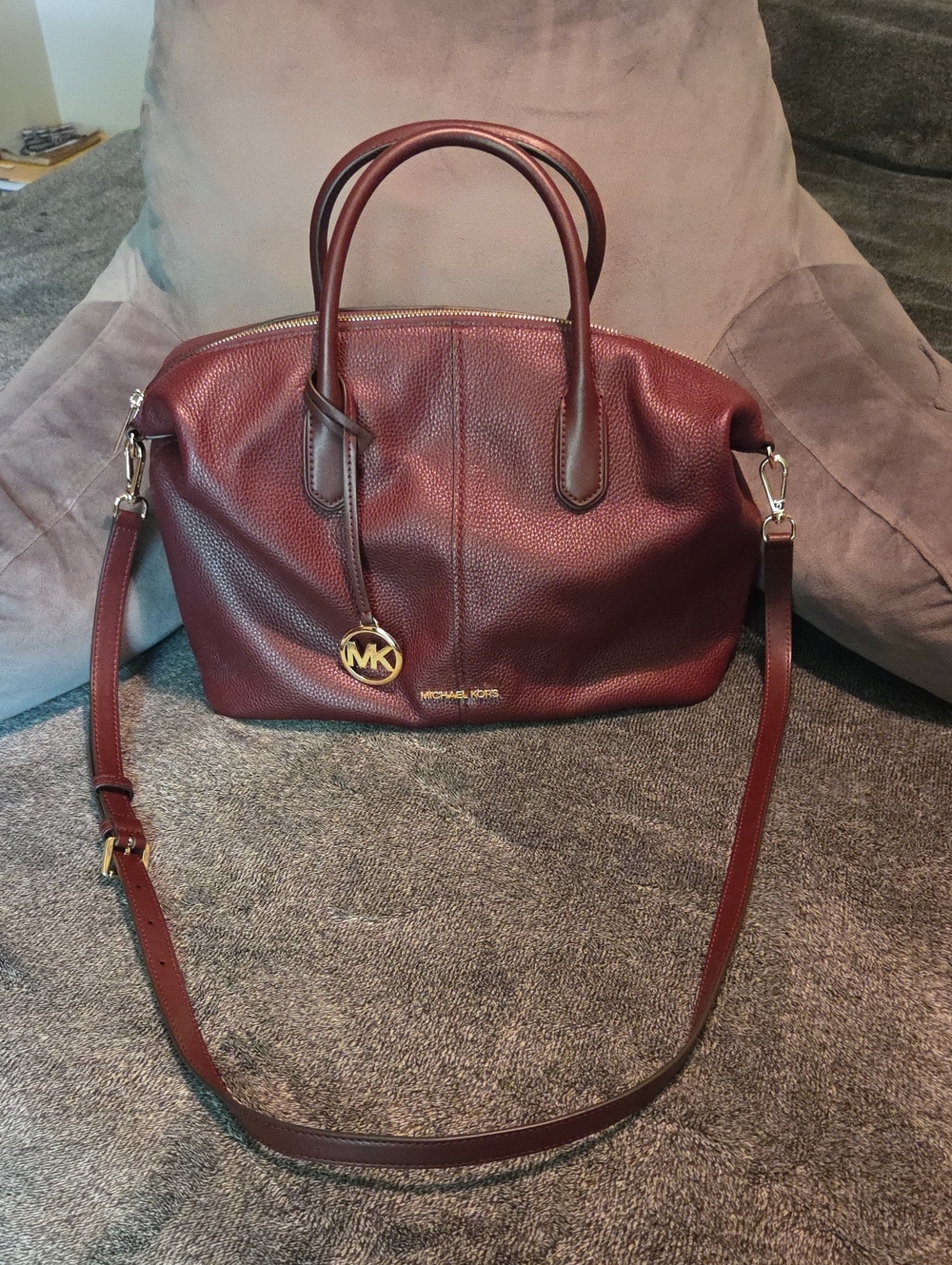 Michael Kors Burgundy Pebbled Leather Satchel with Detachable Strap